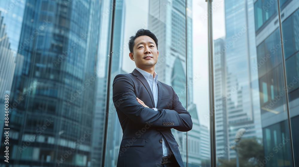 asian business man in front of skyscrapers asian business man in front of skyscrapers