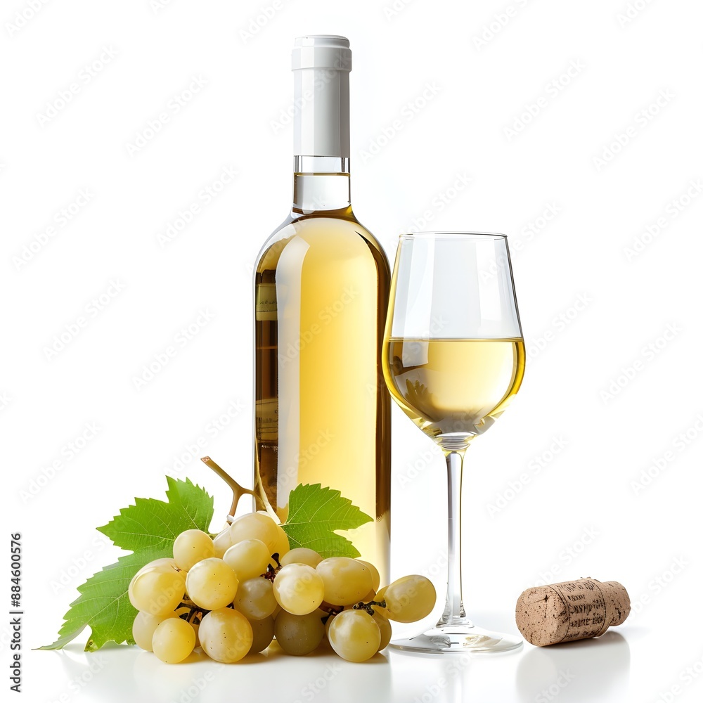 Fototapeta premium Fresh Wine White Drink Bottle with glass and grapes 