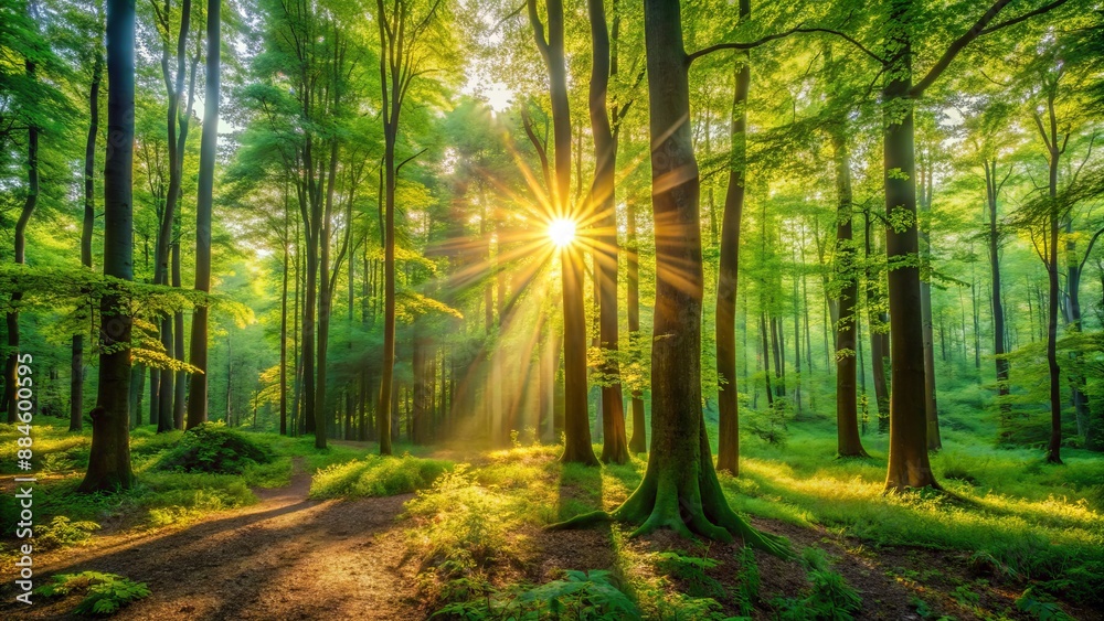 Fototapeta premium Vibrant green forest landscape illuminated by warm sun rays filtering through dense foliage on a serene summer morning atmosphere.