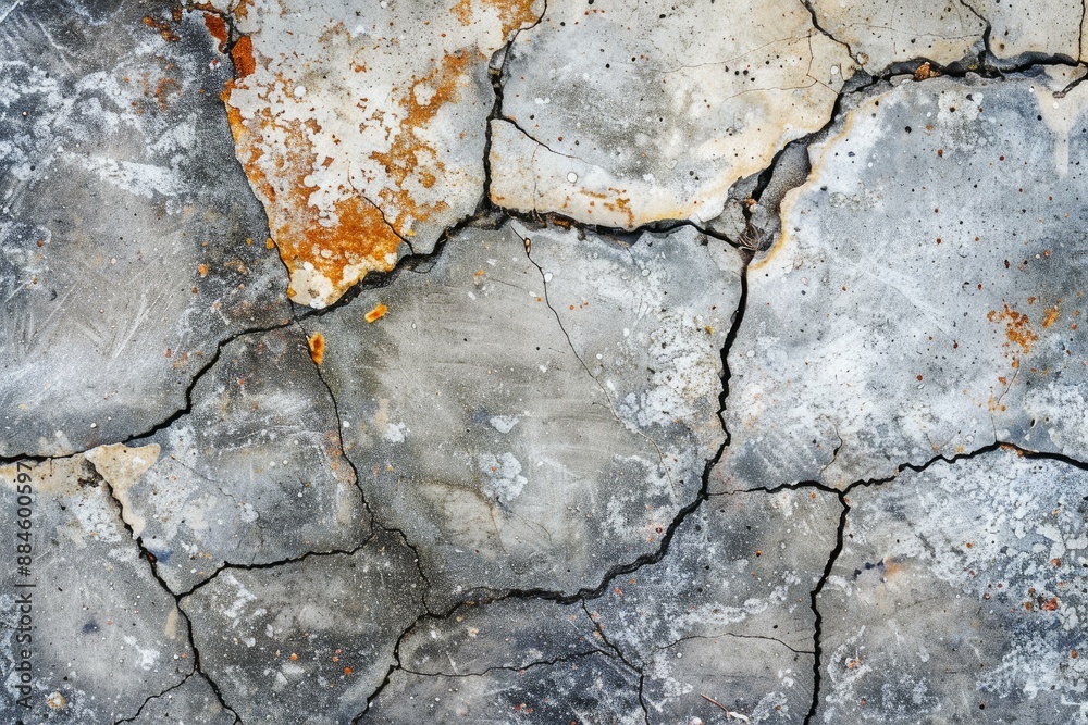 Obraz premium Detailed closeup of a cracked concrete surface with orange rust stains