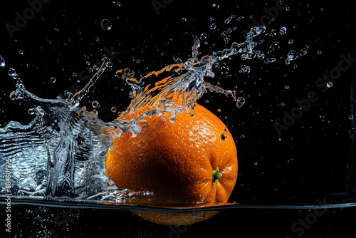 Fresh Mandarin Orange falling into the water with a splash on a black background