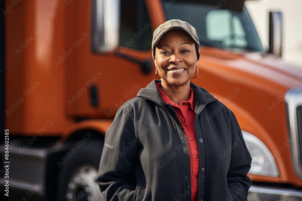 Smiling portrait of a middle aged African American female truck driver