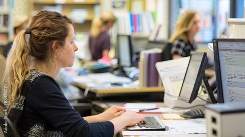 administrative staff working at their desks in an office environment photo