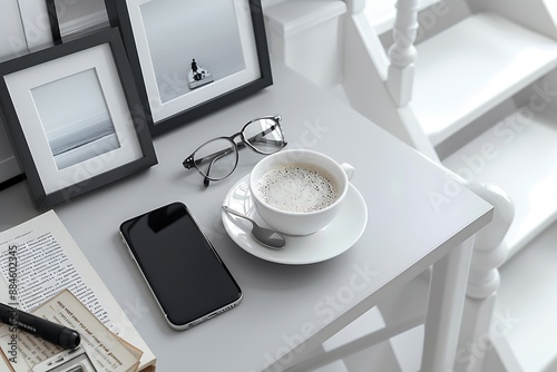 Top view coffee, phone, glasses, books on light gray background. Clean minimalist layout with picture frames and white stairs. photo