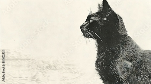  Black-and-white portrait of a feline turned its head to the side, gazing far away