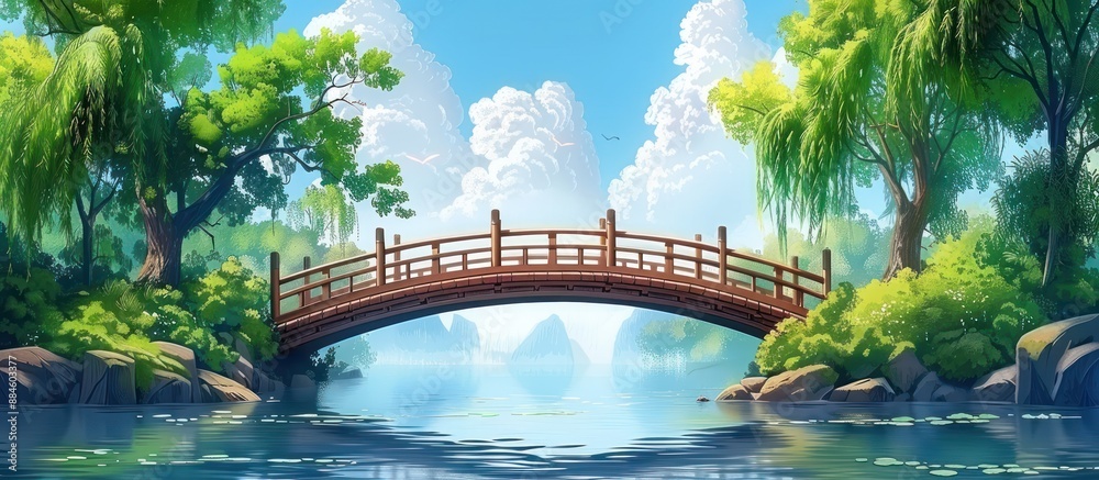 Fototapeta premium Tranquil Bridge Over a Serene Lake