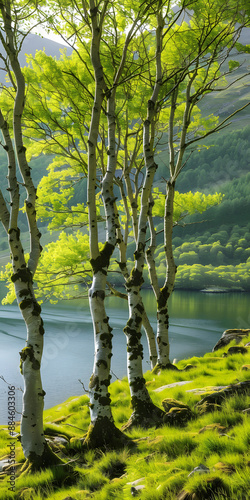 Árvores com folhas verdes vibrantes perto de um lago tranquilo photo