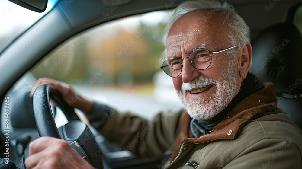 a cheerful elderly man with glasses and a white beard, smiling as he sits in the driver's seat of a car a cheerful elderly man with glasses and a white beard, smiling as he sits in the driver's seat of a car