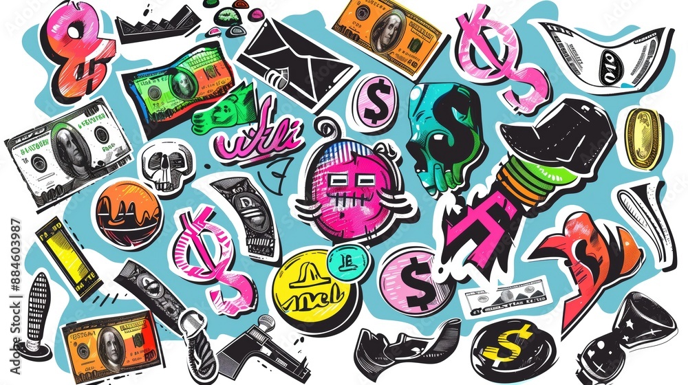 Fototapeta premium Graffiti stickers collection, isolated cartoon money, white background, vector graphics in clip art style, generated AI