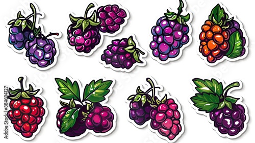 Graffiti stickers collection, isolated cartoon Olallieberry, white background, vector graphics in clip art style,   generated AI