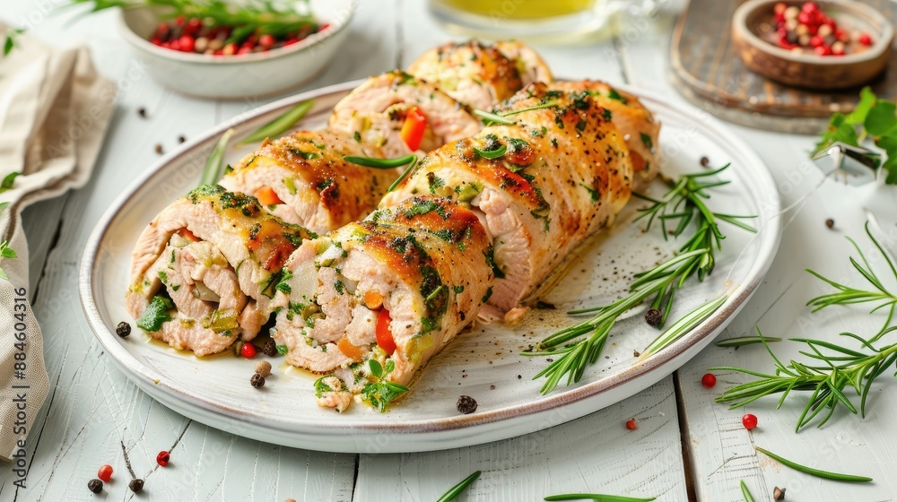 Delicious rabbit roulade with herb stuffing on a white wooden table, flat lay perspective Delicious rabbit roulade with herb stuffing on a white wooden table, flat lay perspective