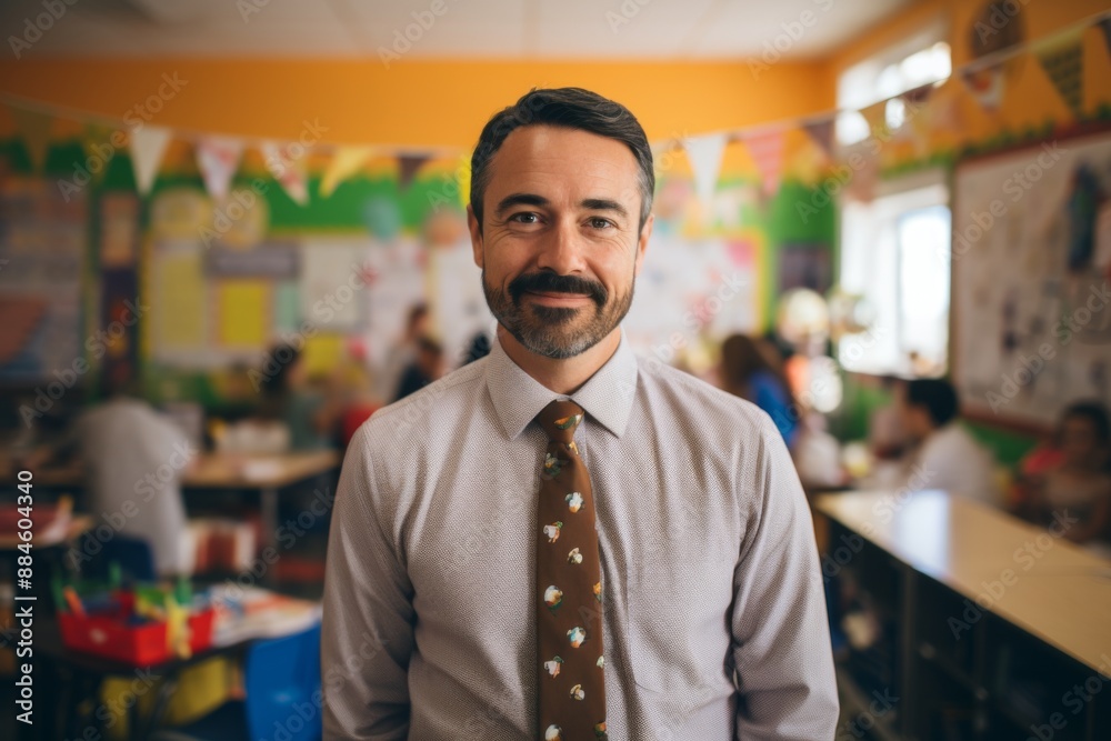 Portrait of a middle aged male Hispanic teacher in kindergarten Portrait of a middle aged male Hispanic teacher in kindergarten