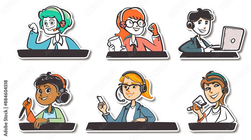 Graffiti stickers collection, isolated cartoon Receptionist, white background, vector graphics in clip art style, generated AI Graffiti stickers collection, isolated cartoon Receptionist, white background, vector graphics in clip art style, generated AI