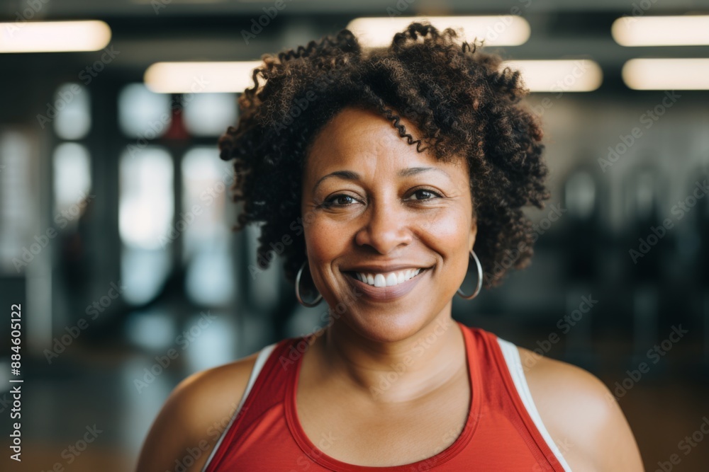 Smiling portrait of a middle aged slightly overweight woman in gym Smiling portrait of a middle aged slightly overweight woman in gym
