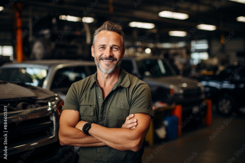 Smiling portrait of a middle aged car mechanic Smiling portrait of a middle aged car mechanic