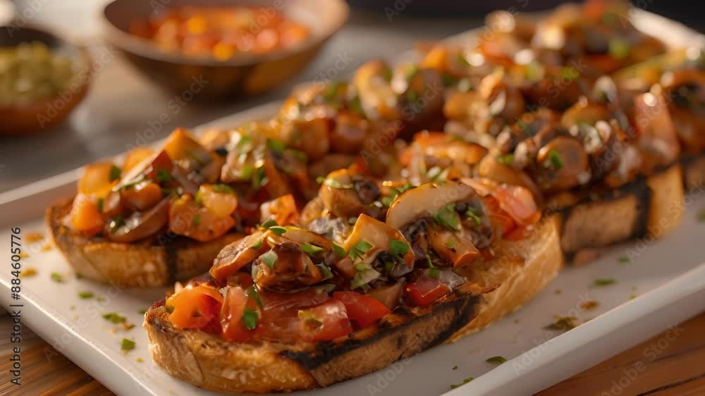 An elevated spin on the classic appetizer with a base of grilled bread topped with a savory blend of mushrooms onions and tomatoes. An elevated spin on the classic appetizer with a base of grilled bread topped with a savory blend of mushrooms onions and tomatoes.