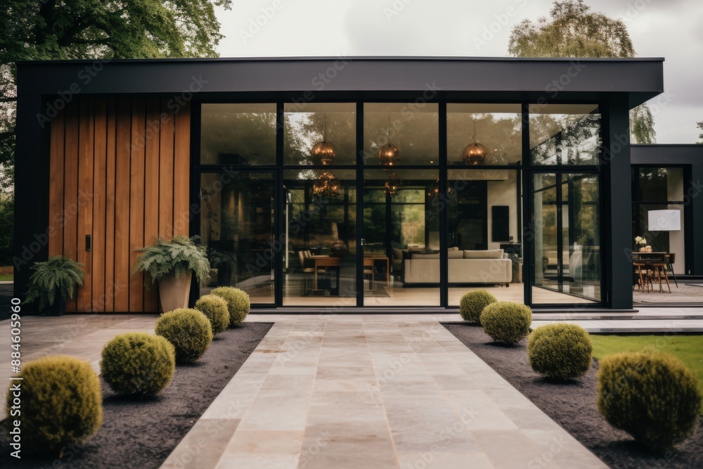 Obraz premium Aesthetic modern home entrance with sliding glass doors