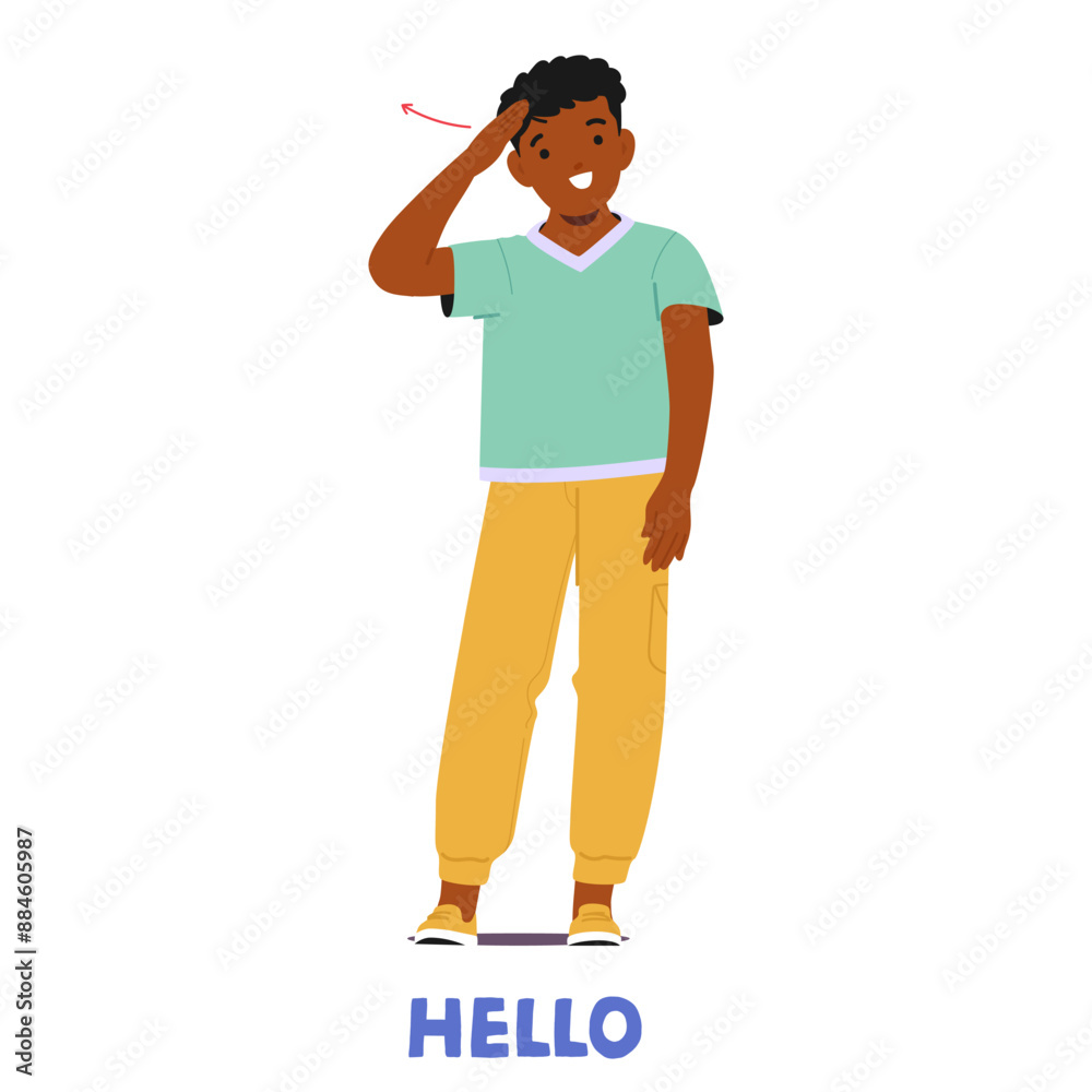Child Wearing A Green Shirt And Yellow Pants, Cheerfully Demonstrating The Hello Gesture In Sign Language Child Wearing A Green Shirt And Yellow Pants, Cheerfully Demonstrating The Hello Gesture In Sign Language