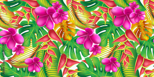Palm monstera leaves with hibiscus and pink plumeria flowers abstract background. Trendy summer exotic flower print.