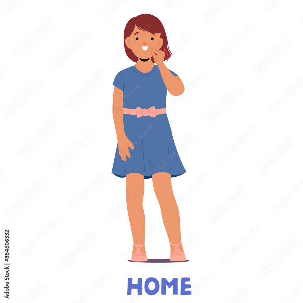 Young Girl Demonstrating The Sign Language Gesture For Home. Cartoon Child Standing And Smiling, Wearing A Blue Dress Young Girl Demonstrating The Sign Language Gesture For Home. Cartoon Child Standing And Smiling, Wearing A Blue Dress