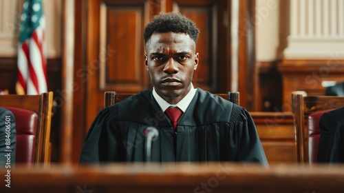 A man in a black robe sits in a courtroom with a microphone in front of him. He is wearing a red tie and he is angry © Alice a.
