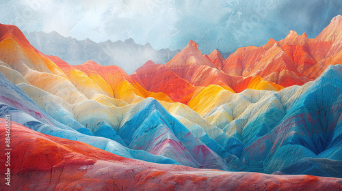 A stunning view of the Zhangye Danxia National Geological Park in China, in a realistic photographic style, featuring colorful rock formations known as 'rainbow mountains'