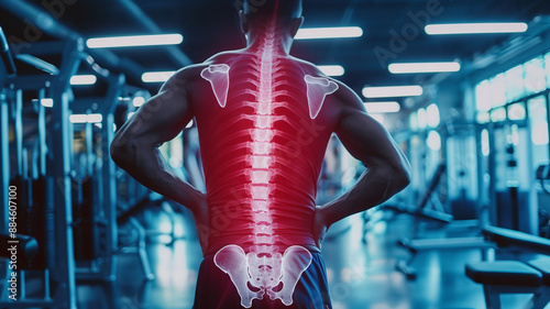 Proximity x-ray of athlete complaining of back and hip pain at the gym Medical and Health Care Concepts.ジムで腰や背中の痛みを訴えるアスリートの近接X線写真 医療と健康ケアのコンセプト。Generative AI	 photo