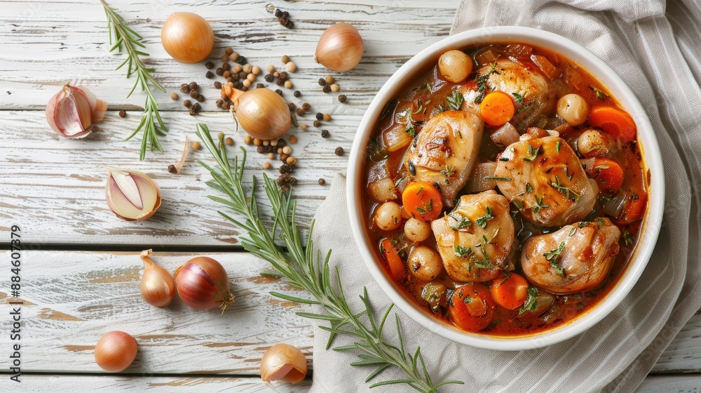 Tender rabbit stew with pearl onions and carrots on a white wooden table, flat lay composition Tender rabbit stew with pearl onions and carrots on a white wooden table, flat lay composition