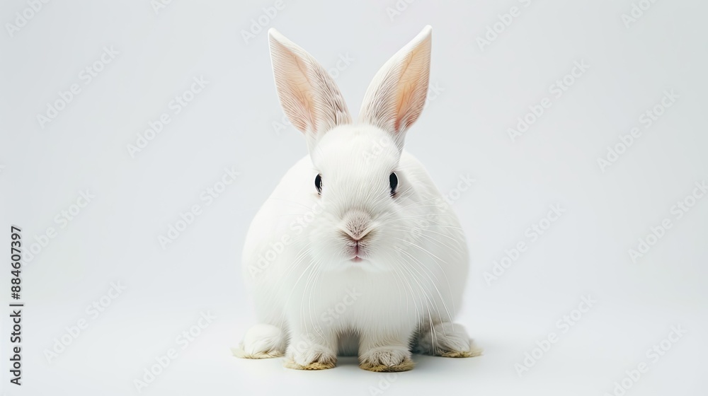 Fototapeta premium White rabbit with a curious gaze, looking straight at the camera, isolated on white