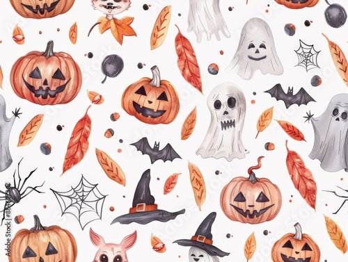 A Halloween themed painting with skulls, bats, and pumpkins. The painting is full of orange and black colors