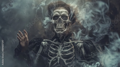 A woman in a skeleton costume is surrounded by smoke. The smoke is thick and dark, giving the scene a spooky and eerie atmosphere