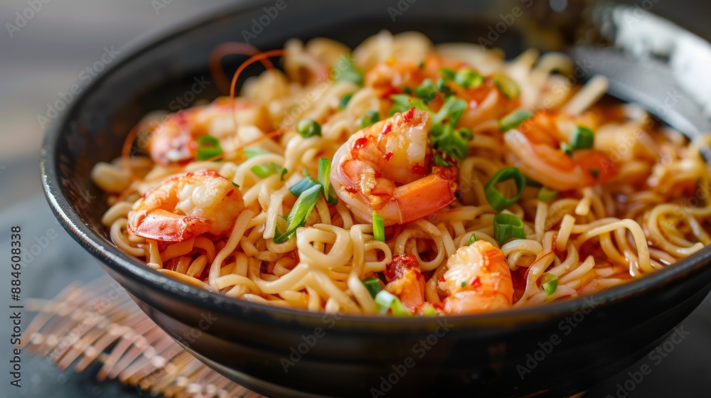 The national cuisine of Japan. Noodles with tiger prawns. The national cuisine of Japan. Noodles with tiger prawns.