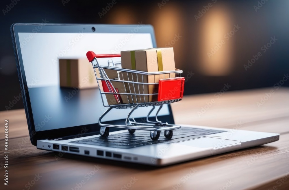 Close-up. A small shopping cart with cardboard boxes stands on a laptop keyboard. The concept of shopping through online stores. Delivery of goods from the Internet. Close-up. A small shopping cart with cardboard boxes stands on a laptop keyboard. The concept of shopping through online stores. Delivery of goods from the Internet.