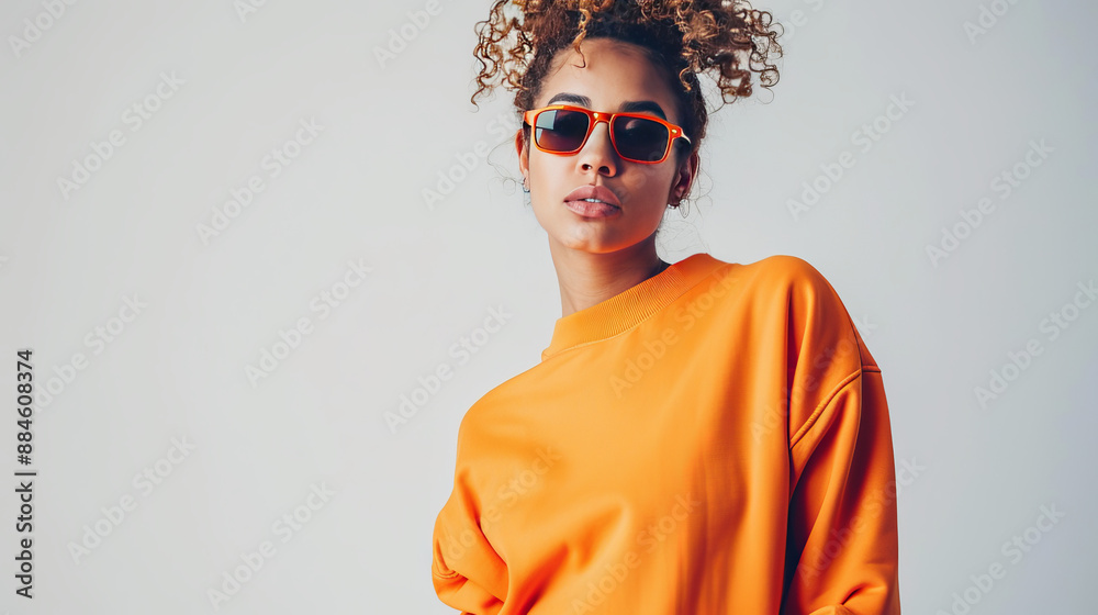Stylish and confident woman poses in a vibrant orange sweatshirt and sunglasses, providing ample space for text on a bright white backdrop. Stylish and confident woman poses in a vibrant orange sweatshirt and sunglasses, providing ample space for text on a bright white backdrop.