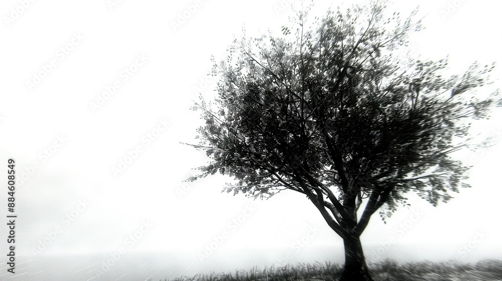 Obraz premium A monochrome image of a tree in a hazy meadow against a clear blue sky