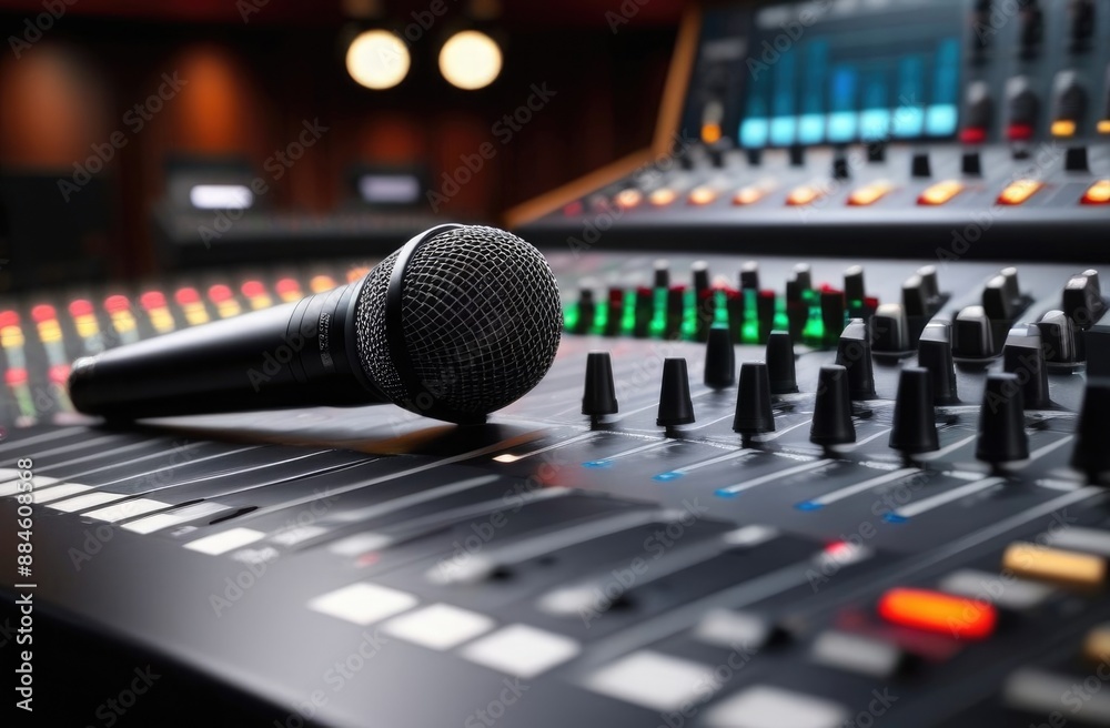 A black microphone lies on the music console in a recording studio. A black microphone lies on the music console in a recording studio.