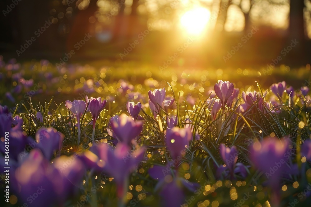 Obraz premium Tranquil scene of purple crocus flowers basking in the warm glow of a setting sun