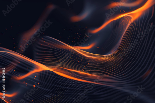 Orange neon light waves on a dark background creating an abstract pattern with dynamic motion