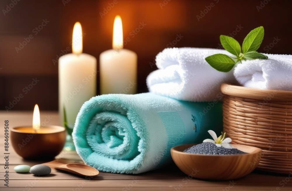 Spa composition lying on a wooden table with fresh towels, stones and lit candles. Spa composition lying on a wooden table with fresh towels, stones and lit candles.