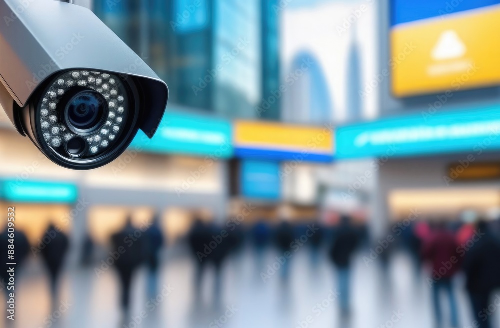 White CCTV camera on a blurry busy city street. White CCTV camera on a blurry busy city street.