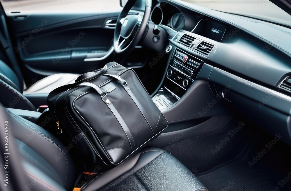 Close-up. A black bag lies on the front seat of a modern car. Close-up. A black bag lies on the front seat of a modern car.