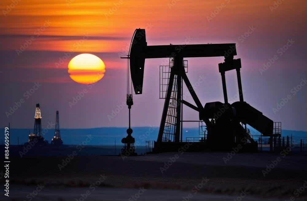 Close-up. Oil production station in silhouette at sunset. Oil production.