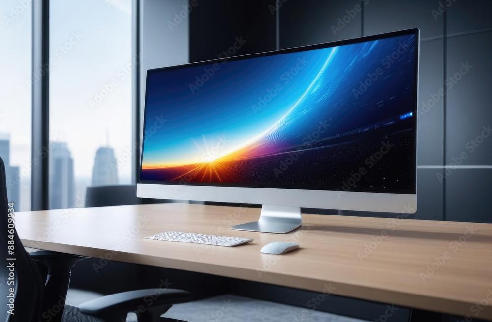 Close-up. A large monitor with the sky on the screen stands on a modern table in an office with panoramic windows. Office work concept Close-up. A large monitor with the sky on the screen stands on a modern table in an office with panoramic windows. Office work concept