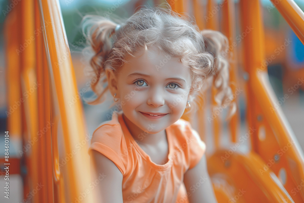 A happy child plays on a colorful slide, having a blast in the summer playground A happy child plays on a colorful slide, having a blast in the summer playground