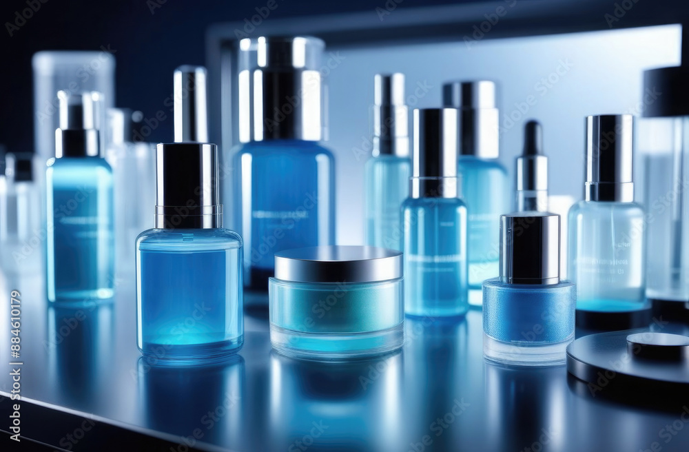 Many transparent blue jars with metal lids and pumps with care products without inscriptions on a gray background with reflection on the table. Many transparent blue jars with metal lids and pumps with care products without inscriptions on a gray background with reflection on the table.