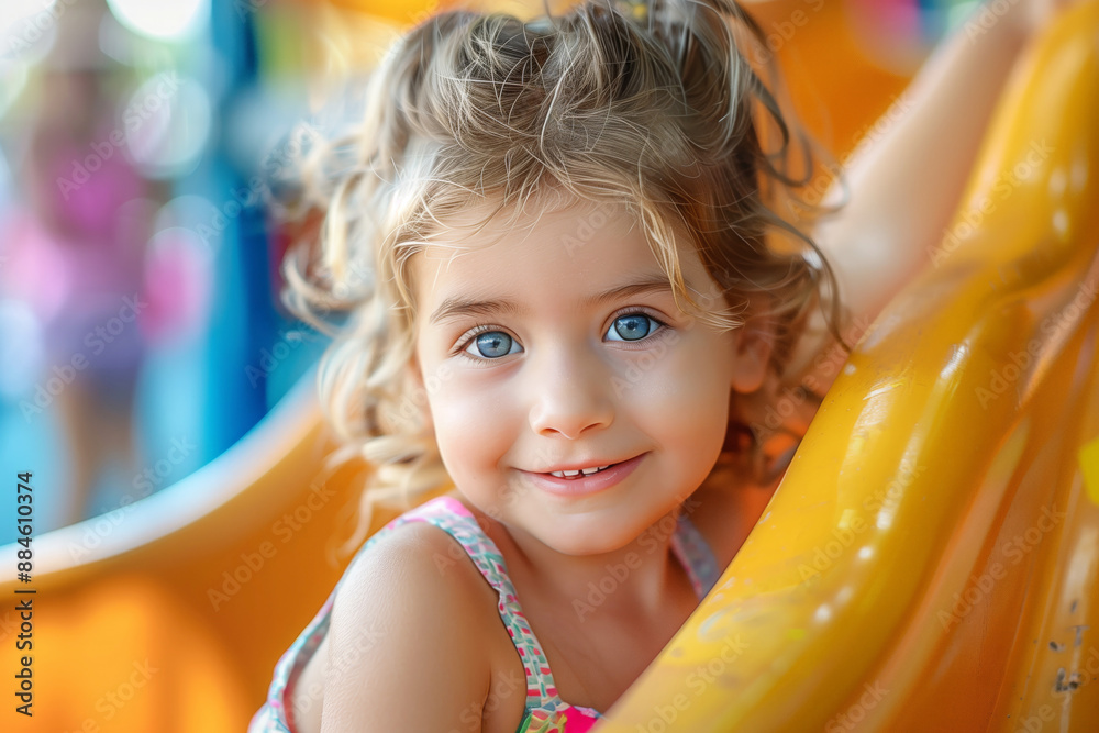 A joyful child plays on a slide, embodying the happiness of childhood on a sunny day A joyful child plays on a slide, embodying the happiness of childhood on a sunny day