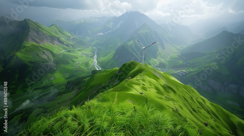  A bird's eye view of a majestic green mountain range with a meandering stream as its central focal point