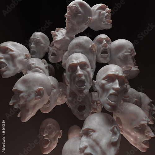 voices in my head and obsessive thoughts, 3D concept, a lot of human heads shaking and screaming