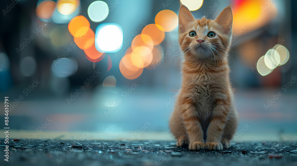 Cute Kitten in City Lights