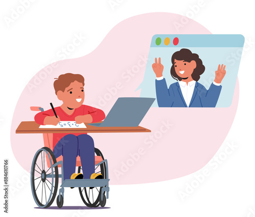 Special Needs Student In A Wheelchair Engaging In An Online Learning Session With A Happy Teacher, Vector Illustration